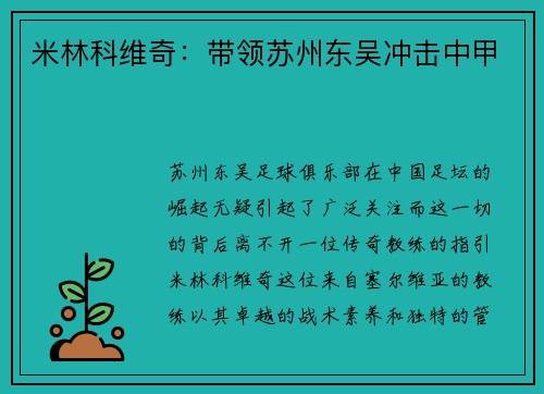 米林科维奇:带领苏州东吴冲击中甲
